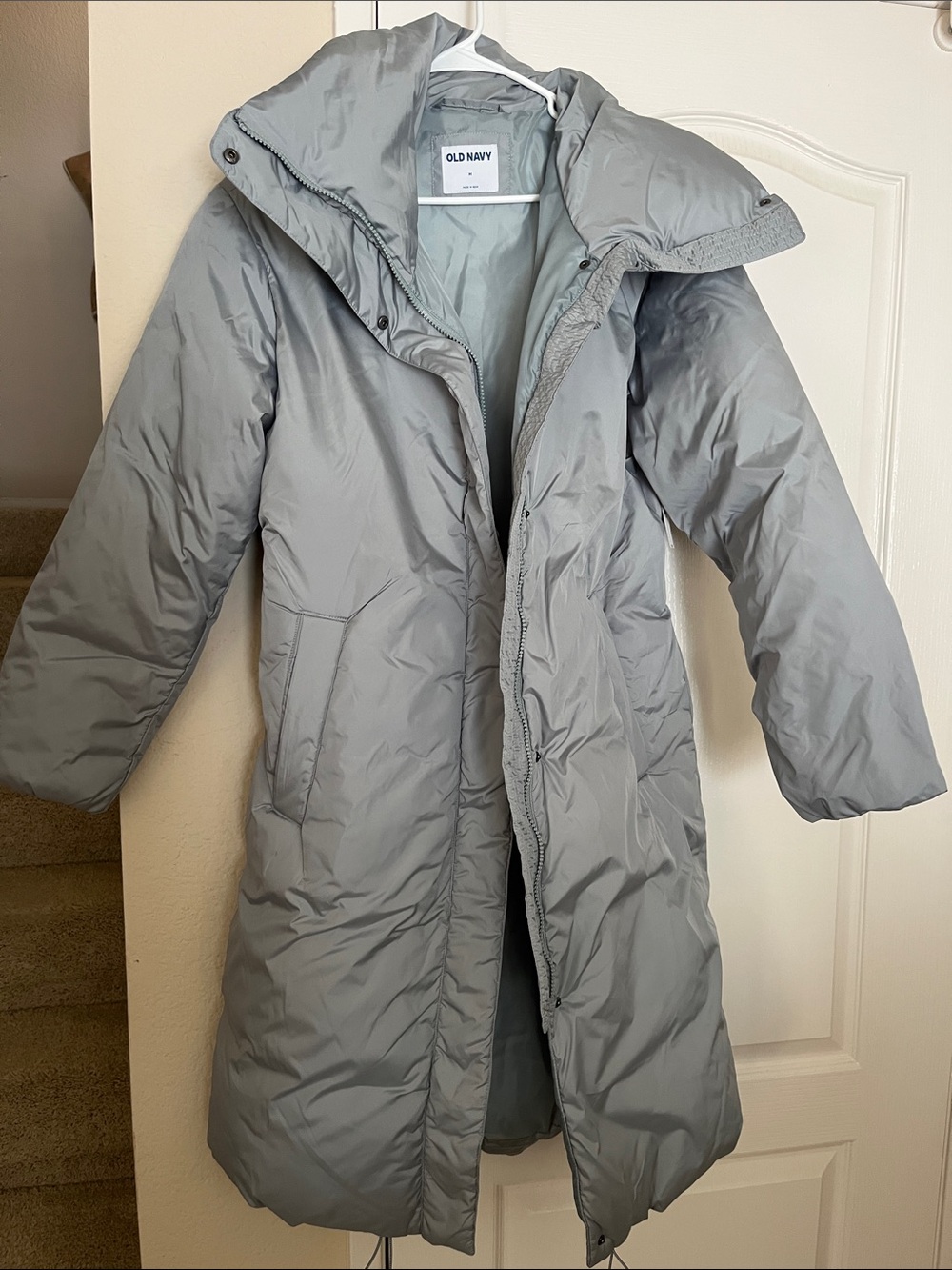 Old Navy Light Gray Long Puffer Coat with Hood